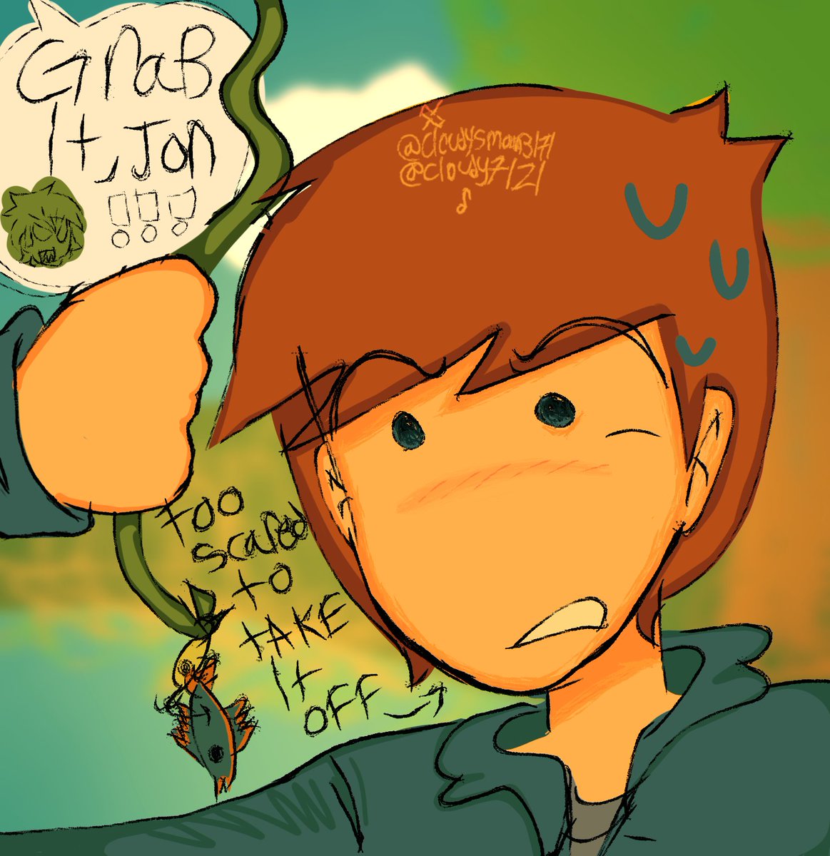 cloudysmoon3171's tweet photo. Me and my friend went fishing and I got scared to take it off the hook so I drew this
#eddsworld #eddsworldart #eddsworldjon #joneddsworld 
@kottyis @NeighborEnjoyer I think you guys would like this https://t.co/fjAJdn9Ua0