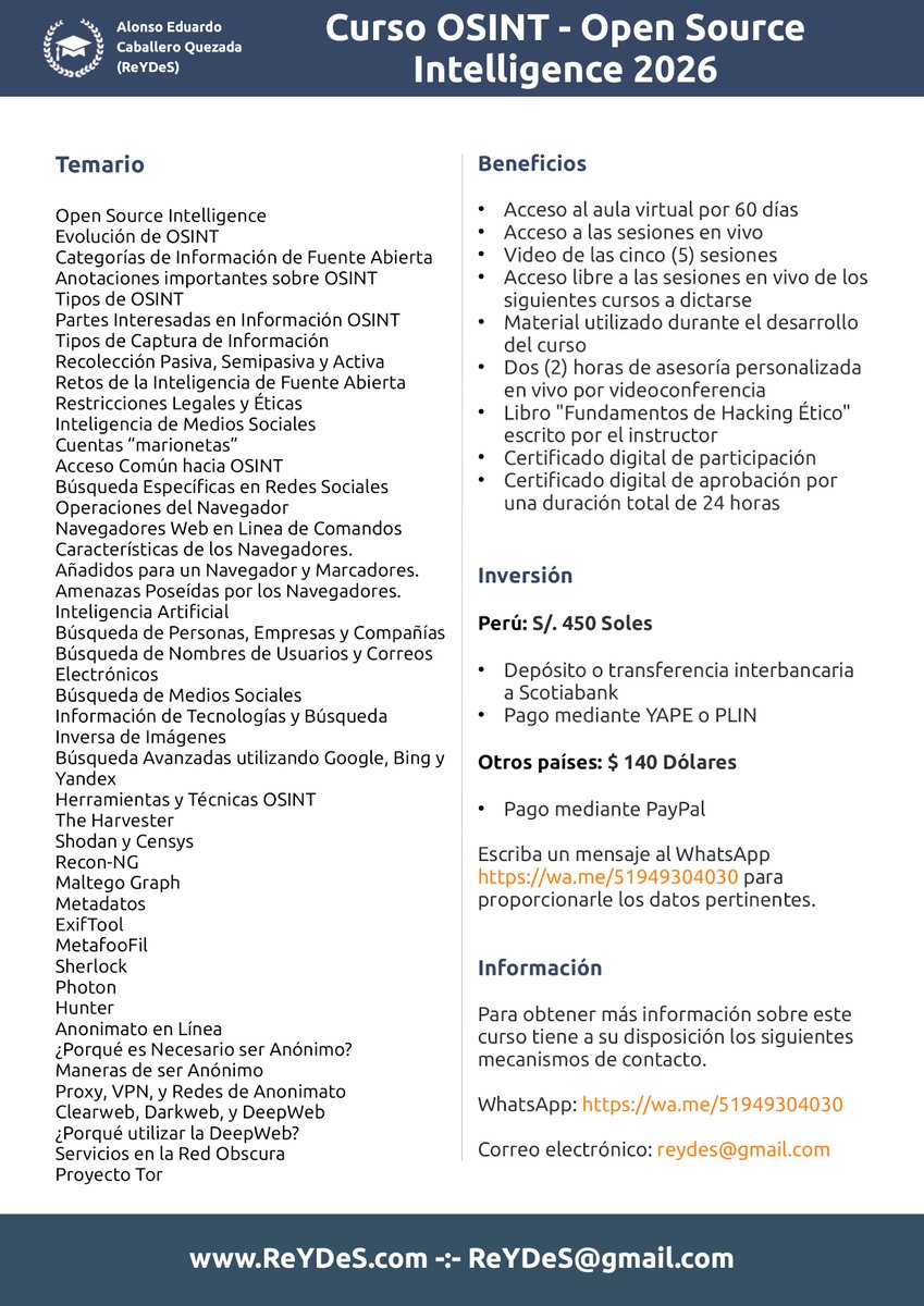 Alonso_ReYDeS's tweet photo. 🕵️ Curso de OSINT - Open Source Intelligence 2026. Domingos 7, 14, 21, y 28 de Junio. De 9 am a 12 pm (UTC -05:00). 📲 WhatsApp: https://t.co/0YXQUWl2L3 🌐 https://t.co/Fozyp27B56

#opensourceintelligence #osinttools #investigativejournalism #factchecking #osintforgood #threatintel #cyberthreats