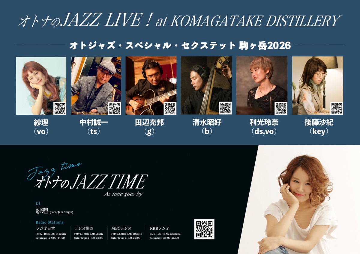 JazzTime2019's tweet photo. 【✨ありがとうございました✨】
昨日 #マルス駒ヶ岳蒸留所祭り2026 のステージで「オトナのJAZZ LIVE!」を開催しました。
お天気にも恵まれ、多くの方にお越しいただきました。誠にありがとうございました！
出演：紗理(vo) 中村誠一(ts) 田辺充邦(g) 清水昭好(b) 利光玲奈(ds,vo) 後藤沙紀(key) https://t.co/SiDykseOY8