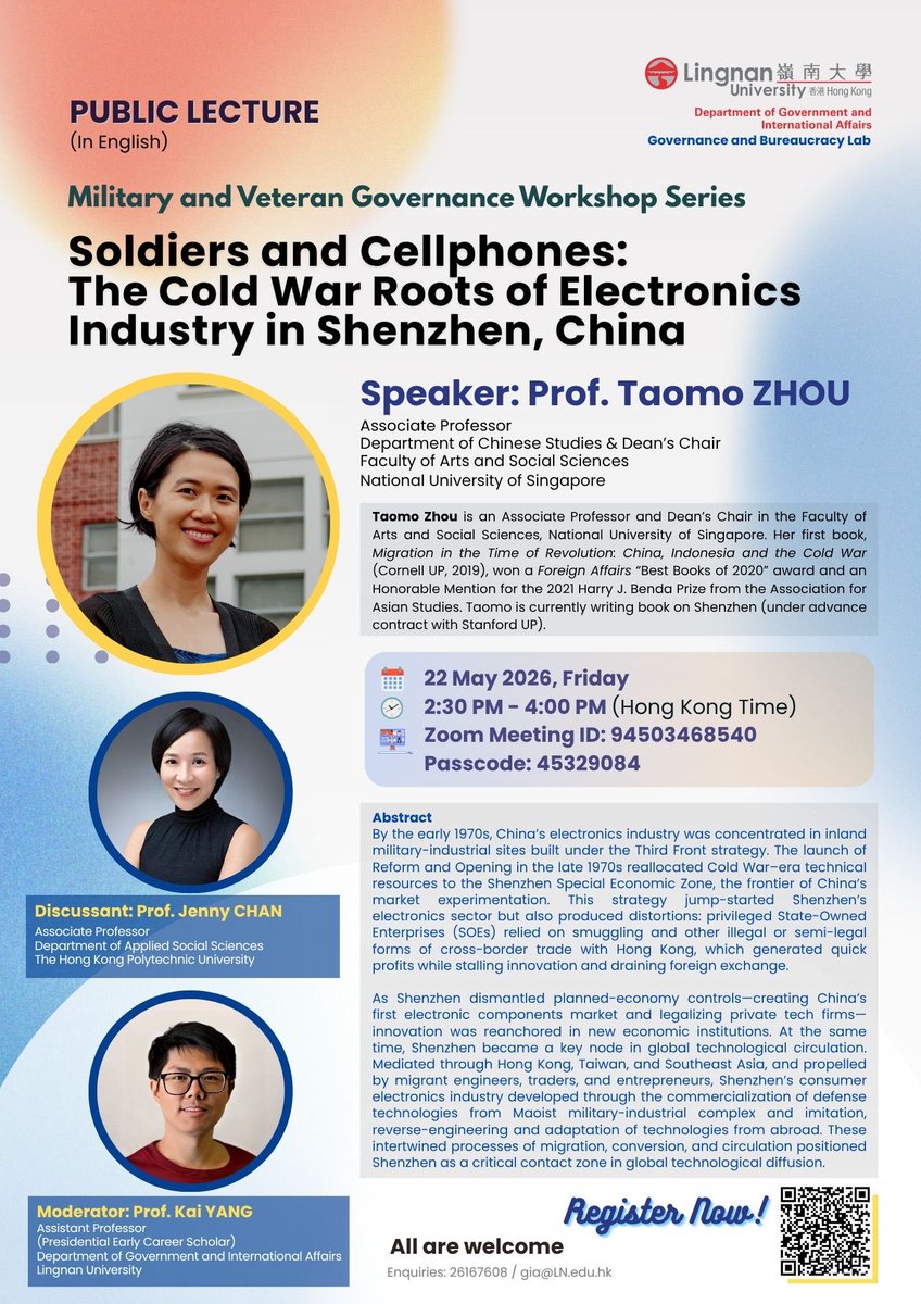 EagoYang's tweet photo. Looking forward to the online talk by @taomo_zhou from NUS on the Cold War roots of electronics industry in Shenzhen China. Jenny Chan @HongKongPolyU as discussant. Details on the poster below. All are welcome! https://t.co/yDpBxXWeZr