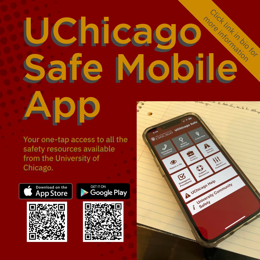 UChicagoSafe's tweet photo. Did you know the UChicago Safe app gives you instant access to emergency contacts, safety resources, mobile blue light features, and more?

📲 Download it for FREE on Android &amp; iOS for better peace of mind wherever you go.

https://t.co/Idbnr5v7dq https://t.co/ZkcfqBYWVr