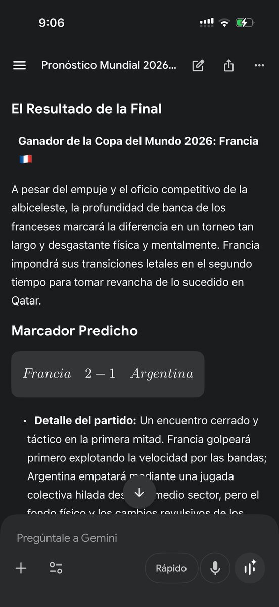 fercasasz's tweet photo. Pronósticos para la final del mundial por AI:
ChatGPT: Francia 2 -1 Brasil
Grok: Argentina 2-1 Francia
Gemini: Francia 2-1 Argentina https://t.co/hzoyWCmalt