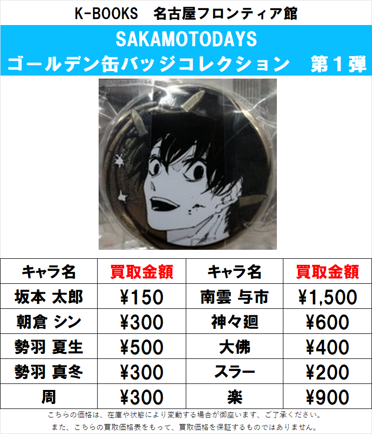 買取情報】 #SAKAMOTODAYS より ゴールデン缶バッジコレクション 第1