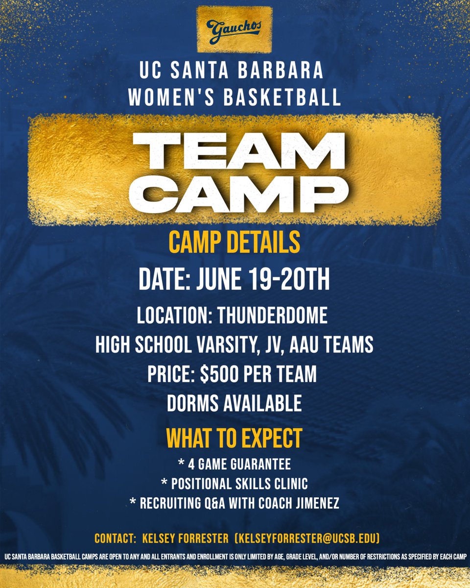UCSB_WBB's tweet photo. 𝐓𝐄𝐀𝐌 𝐂𝐀𝐌𝐏 𝐈𝐒 𝐇𝐄𝐑𝐄
Details:
Date: June 19-20
Cost: $500 per team
Games: 4 game guarantee 
📍Thunderdome
*Register with link in Bio* https://t.co/4TFLIg1vSc