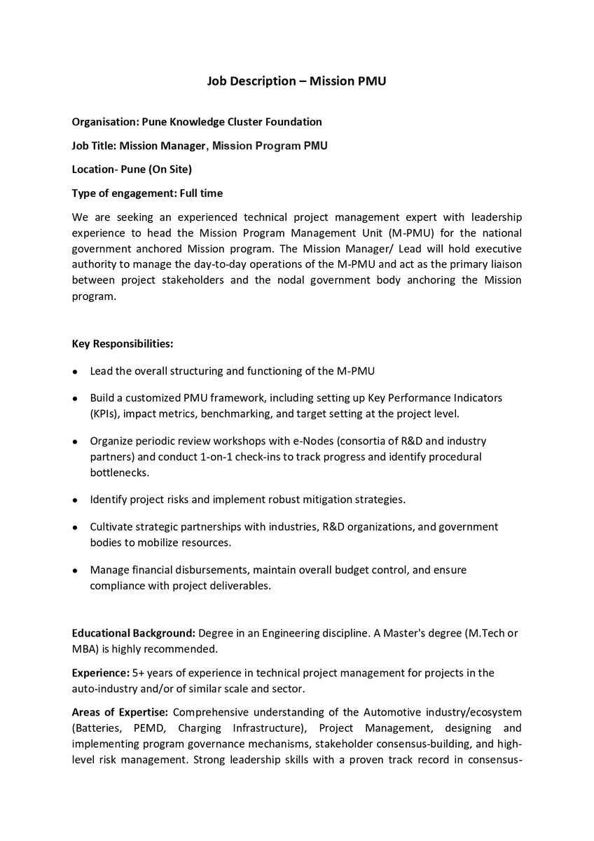 ClusterPune's tweet photo. Pune Knowledge Cluster is #hiring a 𝗠𝗶𝘀𝘀𝗶𝗼𝗻 𝗠𝗮𝗻𝗮𝗴𝗲𝗿 – Mission Program PMU to lead a high-impact national initiative at the intersection of research, industry, policy, and emerging technologies.

📍 Pune | Full-time
Apply: https://t.co/5ABBukdY04 

#ElectricMobility https://t.co/CuXGGE2DxH