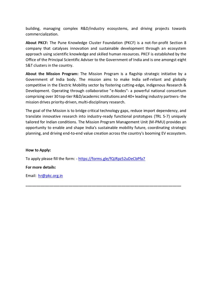 ClusterPune's tweet photo. Pune Knowledge Cluster is #hiring a 𝗠𝗶𝘀𝘀𝗶𝗼𝗻 𝗠𝗮𝗻𝗮𝗴𝗲𝗿 – Mission Program PMU to lead a high-impact national initiative at the intersection of research, industry, policy, and emerging technologies.

📍 Pune | Full-time
Apply: https://t.co/5ABBukdY04 

#ElectricMobility https://t.co/CuXGGE2DxH