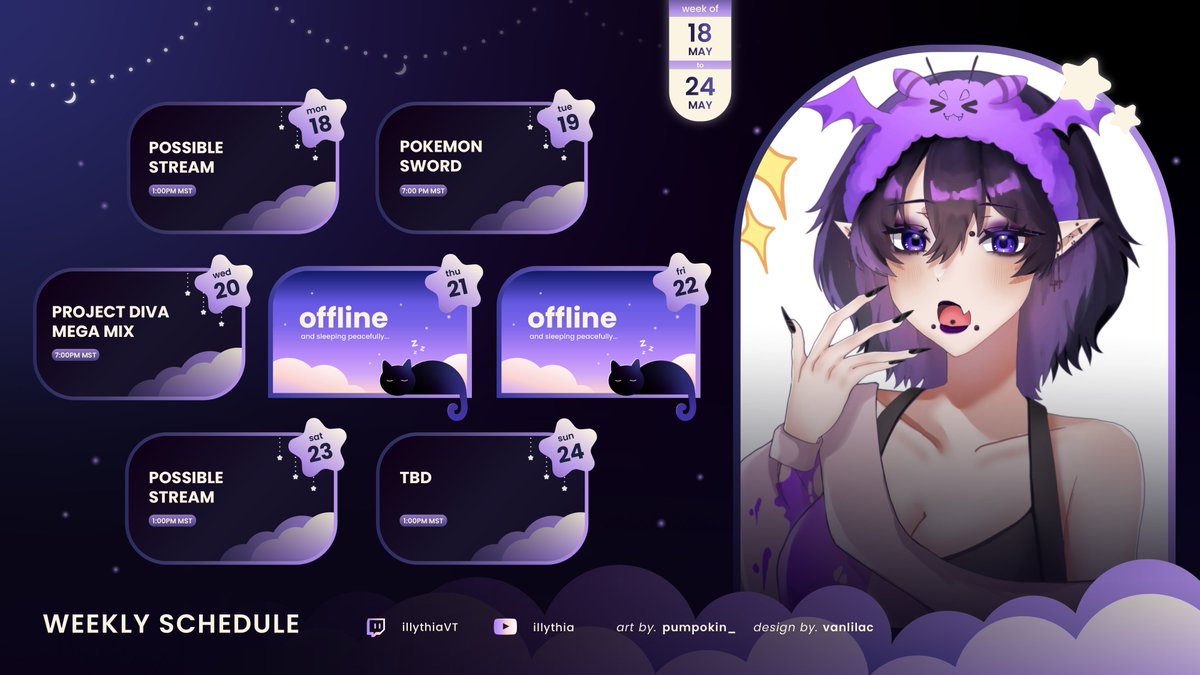 IllythiaVT's tweet photo. 🦇WEEKLY SCHEDULE🦇

GUYS I EXIST

The last few weeks I've been kind of busy with life stuff so I haven't put out a schedule BUT hehehe I exist this week kind of has a lot! 3 days with scheduled streams, and the other 2 are up in the air, but I'll let yall know o7 https://t.co/ZCiDEo3a2N