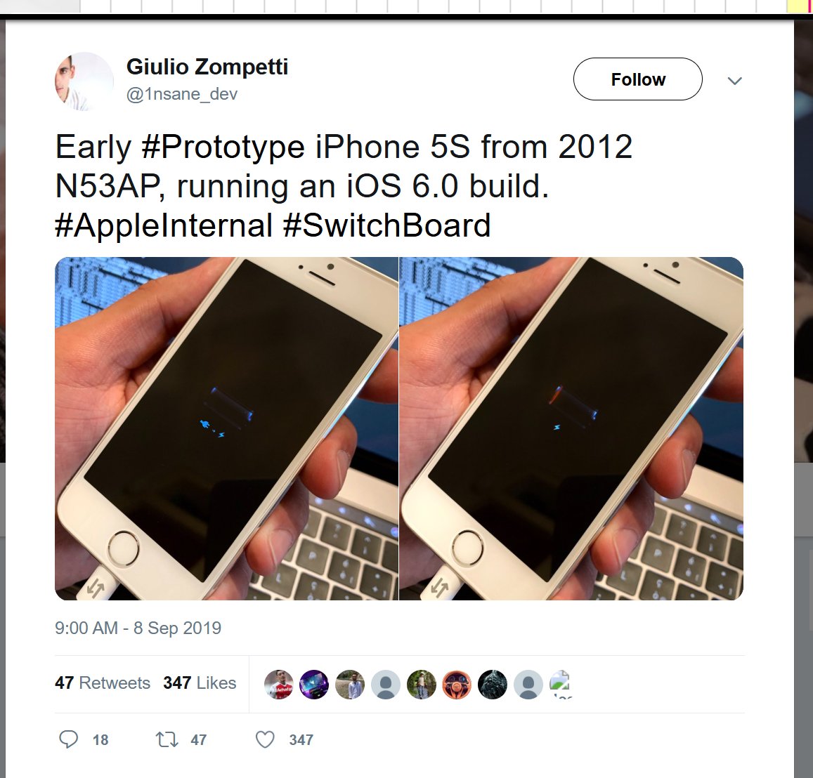 Sebas_Kitten's tweet photo. @1nsane_dev so i got a question,

did you ever manage to boot this iphone 5s? or was it forever stuck on the battery sign?

Was it a switchboard UI with ios 6 as base?

I am curious if we could ever port/hack ios 6 working on A7  chips.

especially with ios 7 running on a ipad 1 https://t.co/3n610LjhTh