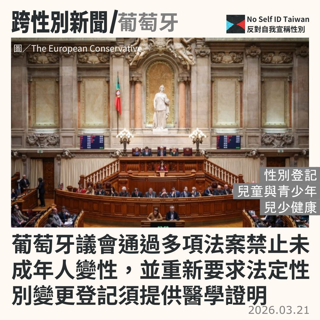 NoSelfID_tw's tweet photo. #跨性別 新聞／葡萄牙議會通過多項法案禁止未成年人變性，並重新要求法定性別變更登記須提供醫學證明

除了醫療限制，新法也要求學校等公共機構在處理性別議題時，必須尊重生理性別（Sex）而非僅採納性別認同（Gender Identity）。

全文：
https://t.co/UNX0CjaNxI https://t.co/sHYEuuWHzN
