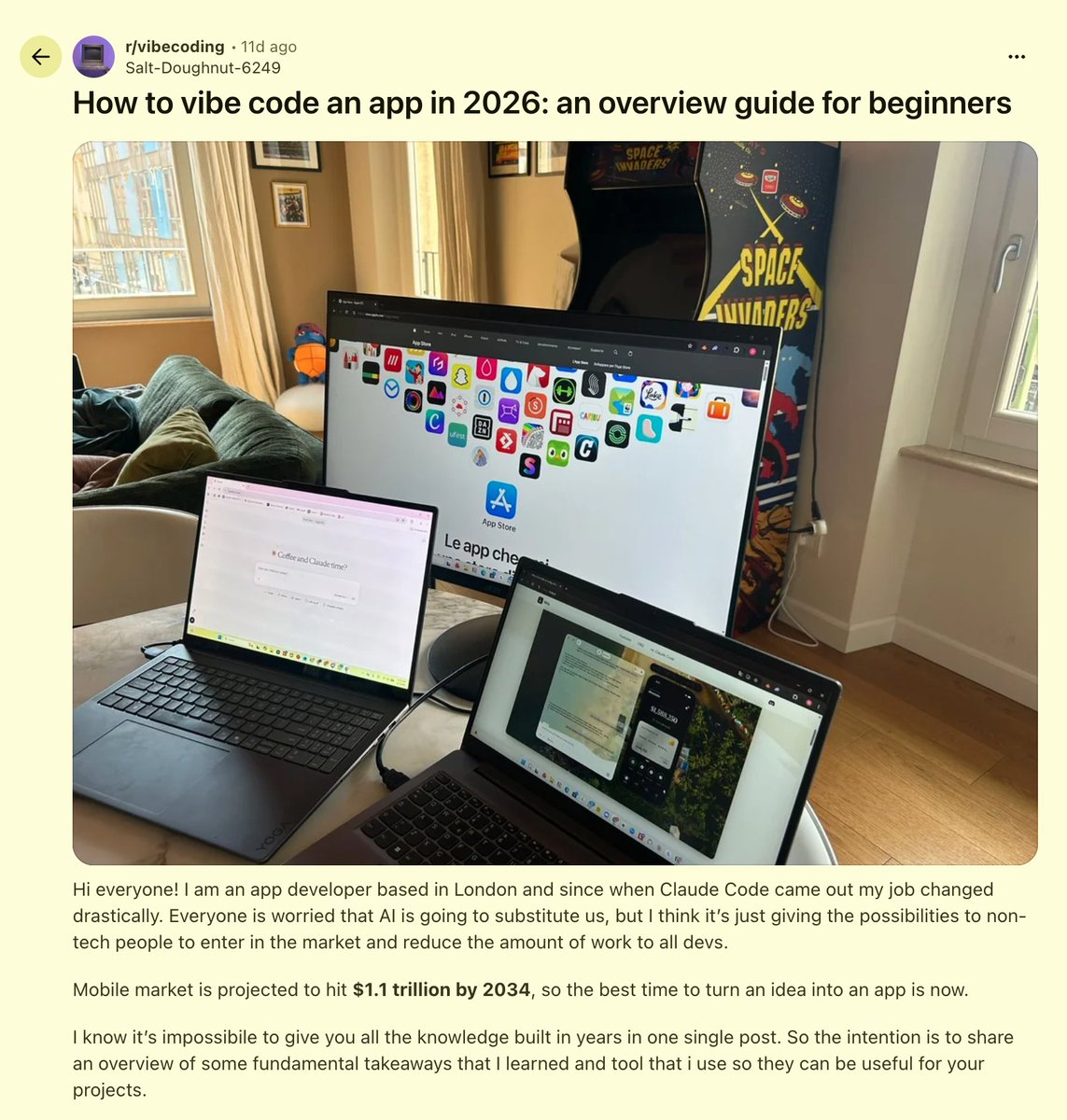 Screenshot of a 2026 vibe-coding playbook emphasizing problem selection, MVP scope, testing, and debugging broken migrations and API changes