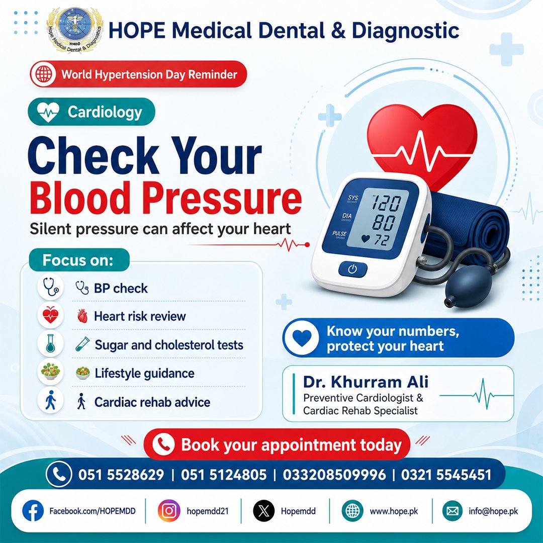 Hopemdd's tweet photo. High blood pressure can stay silent, but your heart still feels the pressure.

Check your BP, know your numbers, and take care of your heart early.

HOPE Medical Dental &amp; Diagnostic
Appointments: 0321 5545451
#BloodPressure #HeartHealth #Hypertension #Cardiology https://t.co/yZS6dpUxBv