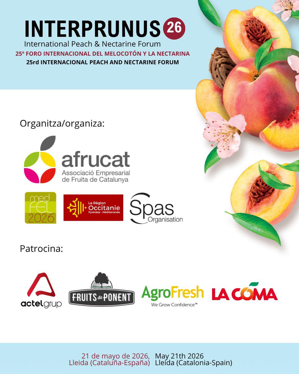 Afrucat's tweet photo. 🍑INTERPRUNUS🍑
25è Fòrum Internacional de Fruita de Pinyol

📆 21 de maig,
📍Sala d’actes de l’Edifici del Rectorat de la Universitat de Lleida

Inscripció oberta:
https://t.co/i1YGsbMZlB https://t.co/2dCa3QdRSK