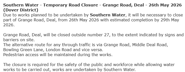KentHighways's tweet photo. Deal, Grange Road. Road closed from 26th-29th May for @SouthernWater works: https://t.co/p9tDRhETm0 https://t.co/NcsdlmWrbe