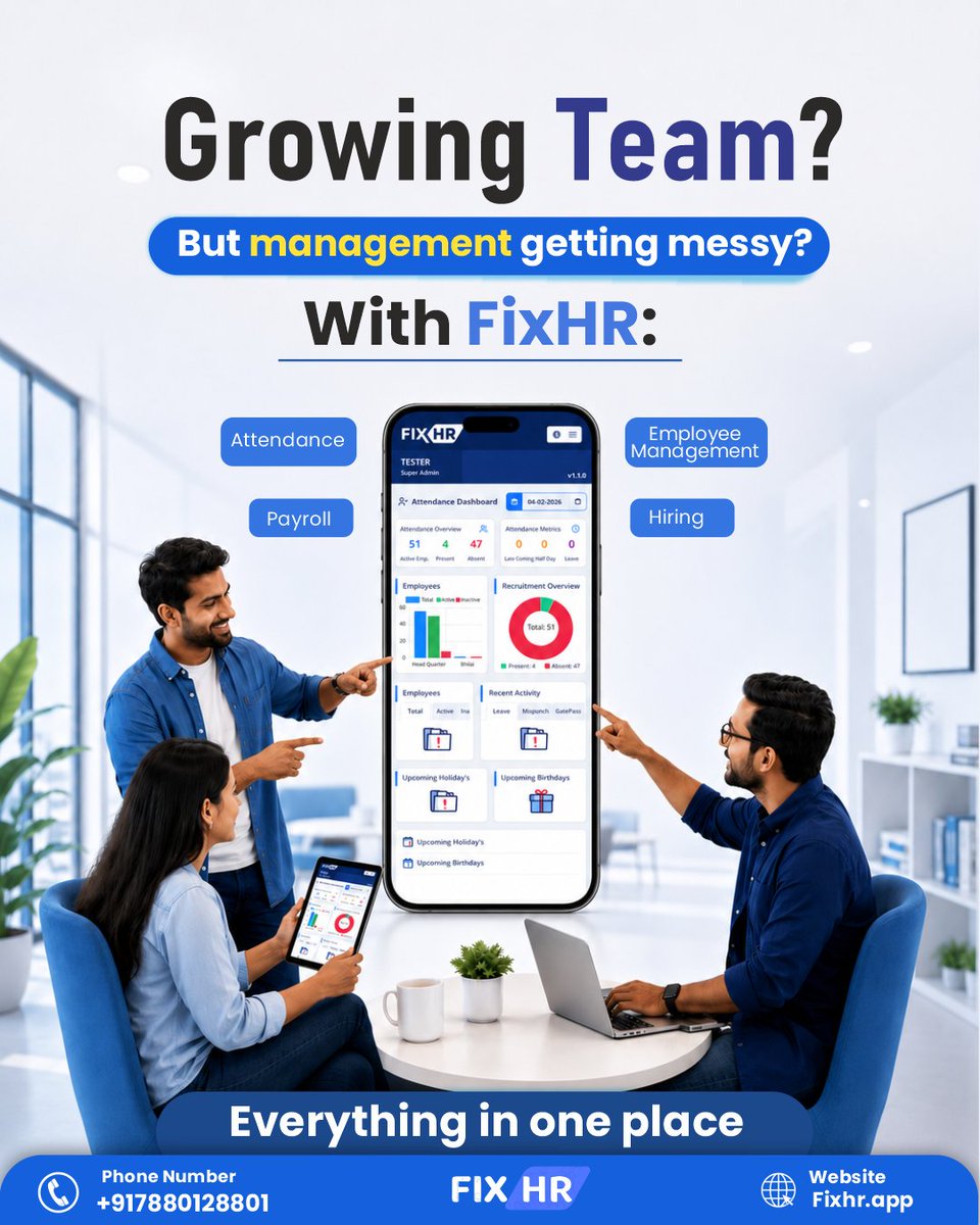 Fix_HR's tweet photo. 🚀 Growin team? Manage everything smoothly with FixHR!

✅ Attendance
✅ Payroll
✅ Hiring
✅ Employee Management

📈 All HR operations in one place.
🌐 Website: https://t.co/Xa20PMvIVD
📞 Contact: +91 7880128801 https://t.co/S5WpOTPLH0