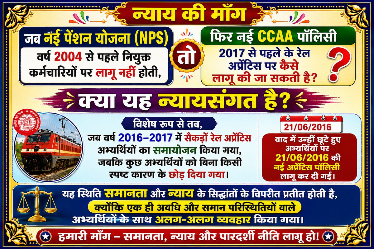 amitmehramgr's tweet photo. @AshwiniVaishnaw ji @RailMinIndia @RailwayNorthern @ShivaGopalMish1 @AIRF_COMMS @AIRF_DELHI @AIRAAAOFFICIAL @NR_Lko_Act2 #ccaa @NRMUDelhiSocial #railapprentice #indianrailway https://t.co/nsnHvqLt8l