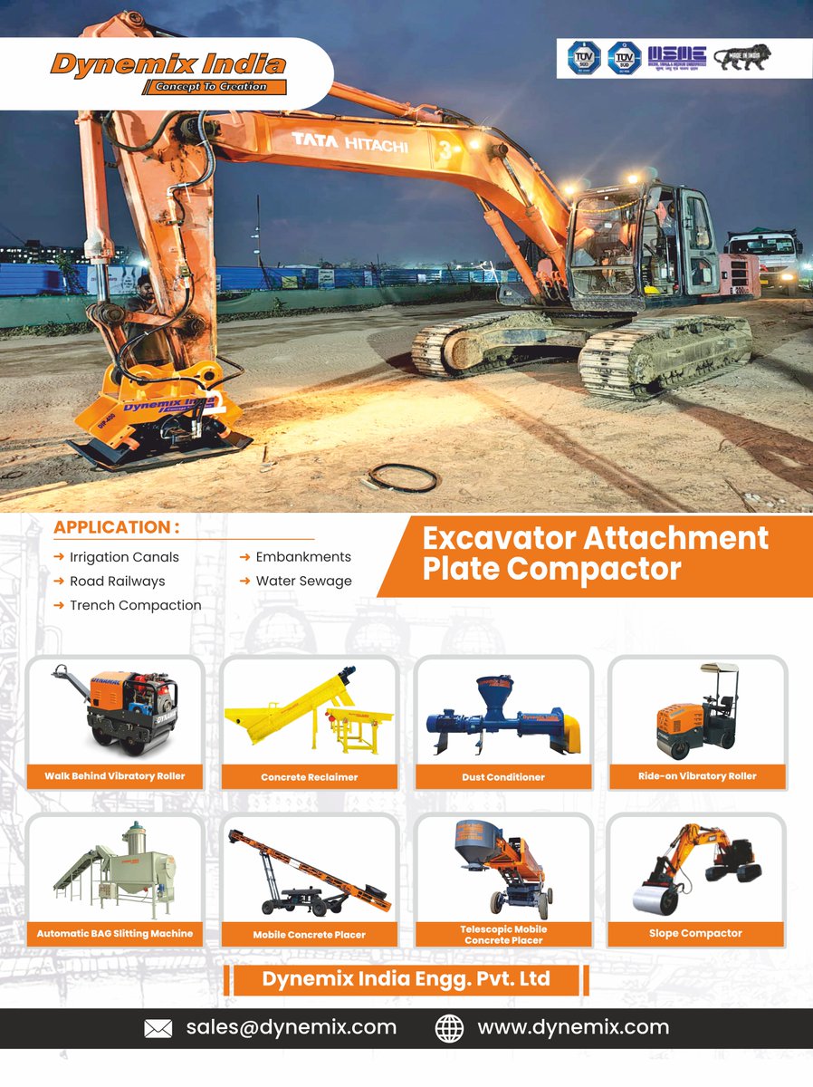 ConstTechMedia's tweet photo. Dynemix India’s Excavator Attachment Plate Compactor delivers powerful performance for trench compaction, embankments, irrigation canals, railways, and water sewage projects.

W-https://t.co/HaKMtl84bu

#DynemixIndia #PlateCompactor #ExcavatorAttachm https://t.co/ts5oWvUzm2