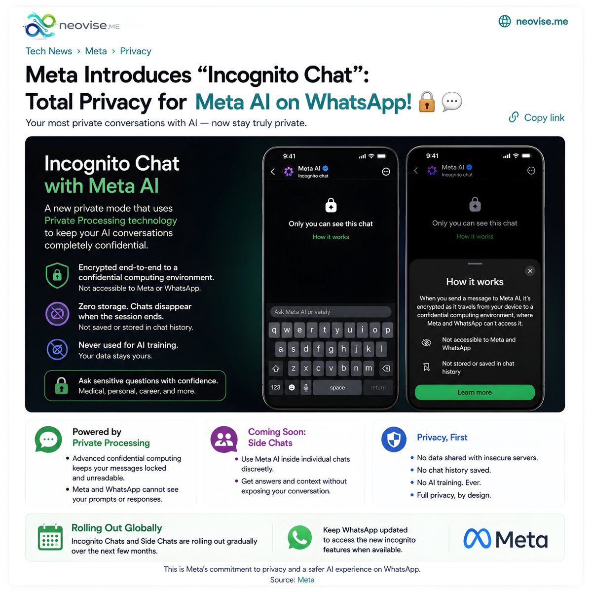 NeoviseMe's tweet photo. Meta is rolling out “Incognito Chat” for Meta AI on WhatsApp.

The feature promises:
• Zero chat storage
• No AI training usage
• Encrypted private processing
• Temporary AI conversations

Global rollout starts over the coming months.

#Meta #WhatsApp #AI #Privacy #Neovise https://t.co/iffRO7e6Ii