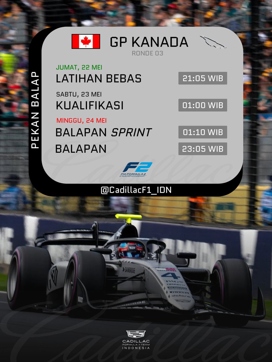 CadillacF1_IDN's tweet photo. Dua kali balapan di benua Amerika Utara, dua kali pula balapan di waktu yang sama. 🦉

Inilah pekan balap GP Kanada seri Formula 2 pada akhir bulan Mei ini. Format jadwal balapan ronde ke-3 ini masih sama persis dengan ronde sebelumnya. 🌘 https://t.co/fRRRXMd1gB