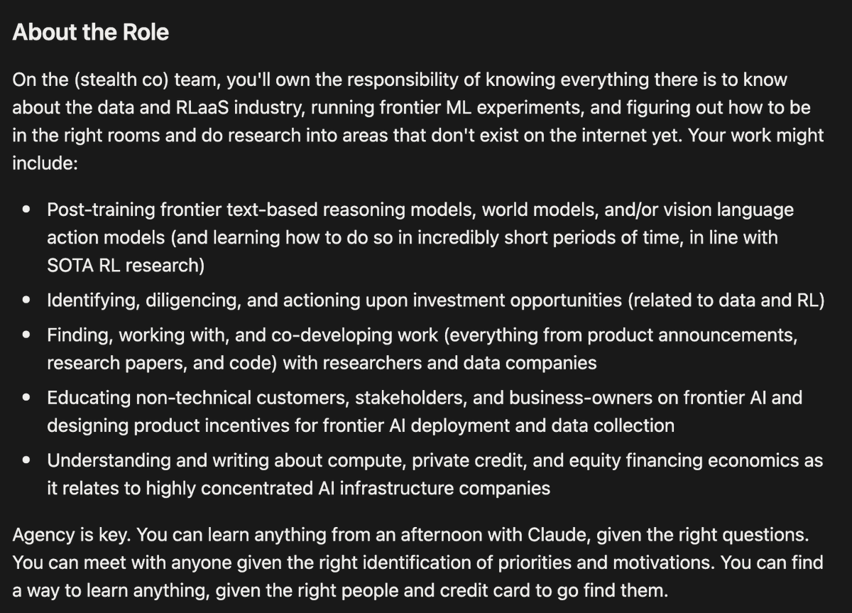 SeanZCai's tweet photo. hiring 1-2 interns / part time MTRS this summer to do unorthodox things in data and rlaas with me. post-training frontier models, diligencing investments, sitting in rooms with researchers at neolabs + services co operators in the middle of the country.0-3 yoe or current students w/ proof of exceptionalism preferred. top decile comp (5-10k/wk), 50%+ sf, $10k referral. three writeup prompts in the JD in comments.

Share with exceptional friends.