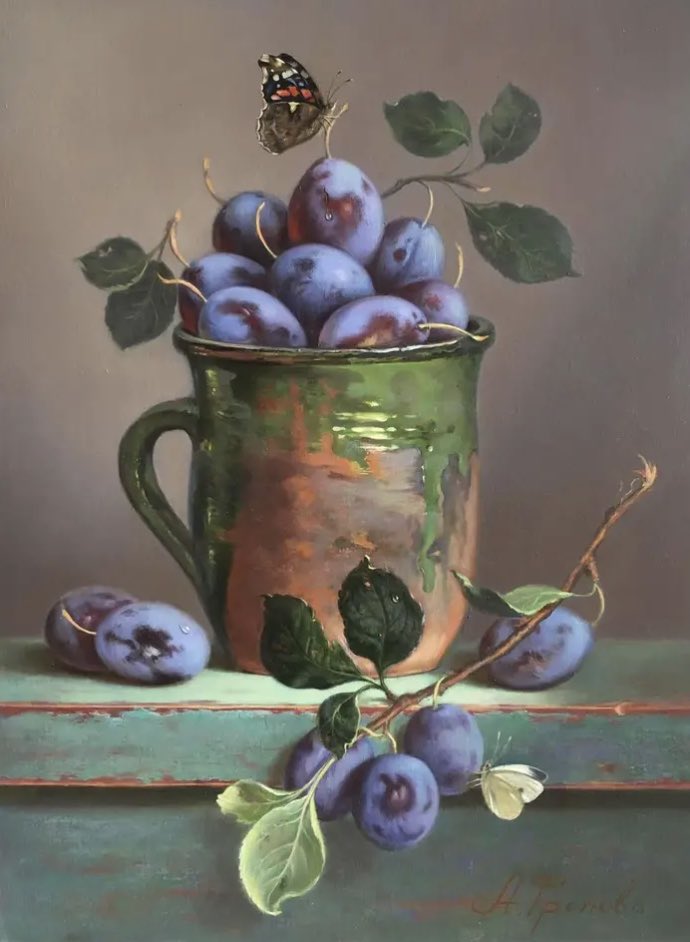 ArtGuideAlex's tweet photo. Still Life with Plums and Butterflies #AnnaFrolova https://t.co/J0XoZOmOC0