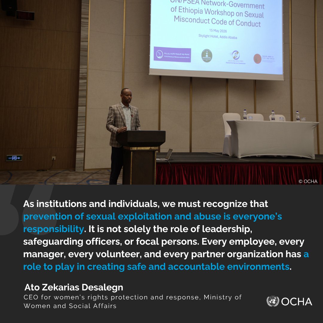 OCHA_Ethiopia's tweet photo. A first-of-its-kind workshop brought together 🇪🇹government institutions &amp; the #UN/PSEA network on 15 May to collectively address sexual exploitation, abuse, &amp; harassment across the public sector through a unified and coherent framework. #SexualMisconductCodeOfConduct https://t.co/tQUJr5gUT7