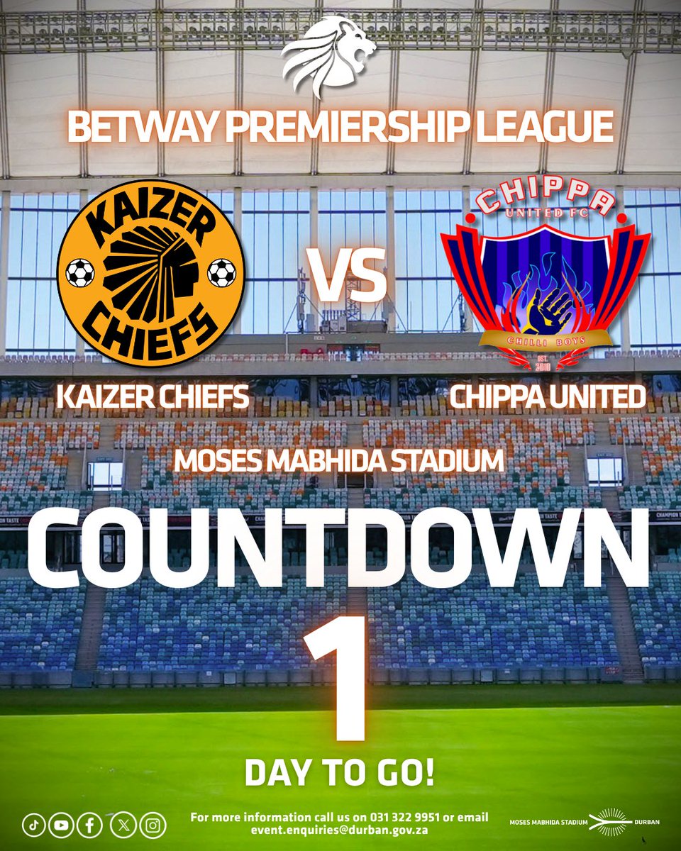 MMStadium's tweet photo. Tomorrow we close out the football season in style! 🔥🏟️
@kcfcofficial  🆚 @chippaunitedfc
The final whistle of the season is almost here… don’t miss the action! ⚽🔥

🎟️ Tickets available at Computicket for ONLY R60.
Moses Mabhida Stadium | Kick off- 15:00pm

Asambe! 🎺🔥

#MosesMabhidaStadium #BetwayPrem #KaizerChiefs #ChippaUnited