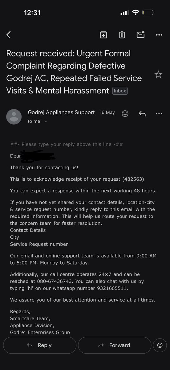 Indiancustgie's tweet photo. Only automated SMS, complaint numbers, and cancelled service requests — but no actual support or permanent resolution for my leaking and non-cooling Godrej AC. Multiple escalations including NCH complaint, yet still suffering in Gurgaon summer heat.
@GodrejAppliance @nch1915 https://t.co/HMSu1eY8Ti