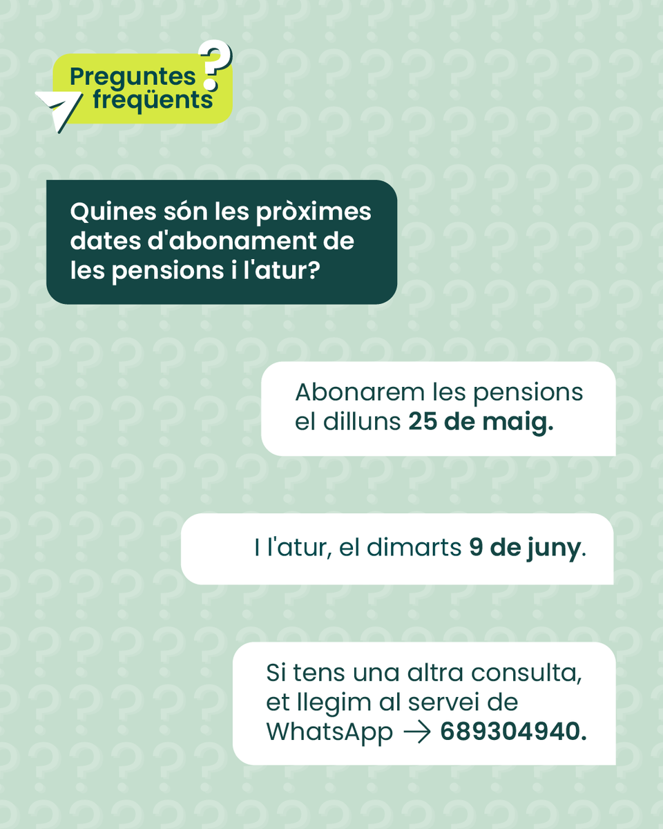 caixapopular's tweet photo. Vols saber les pròximes dates d’abonament de les pensions i l'atur? 🗓️

T’ho indiquem ací perquè pugues tindre una previsió:

Pensions 👉 25 de maig

Atur 👉 9 de juny

Si tens un altre dubte, pots escriure sempre al nostre servei de WhatsApp 📲  689304940 https://t.co/r2wpK6q9SC