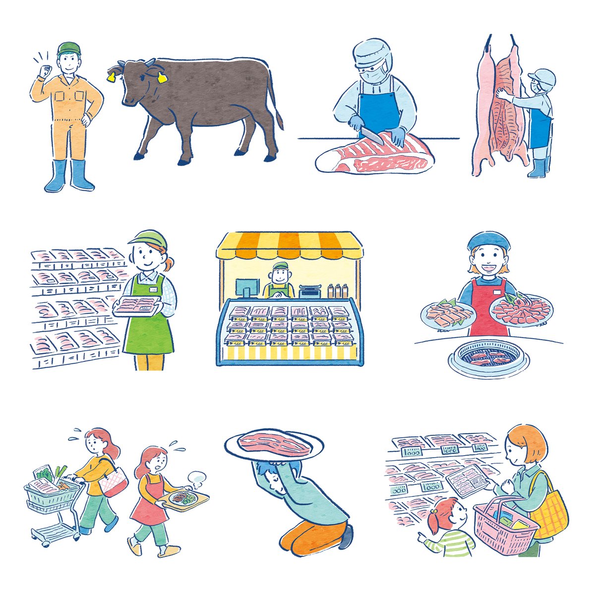 mofpof_mami's tweet photo. ｜Works｜全国食肉事業協同組合連合会さまの冊子用のイラストを担当しました。
国産食肉の生産現場や生産者さんの想い、食卓につながるまでのストーリーをやさしく親しみやすいタッチで描いています。
#イラスト #食育 #全国食肉事業協同組合連合会 https://t.co/ESMgxHqo3h