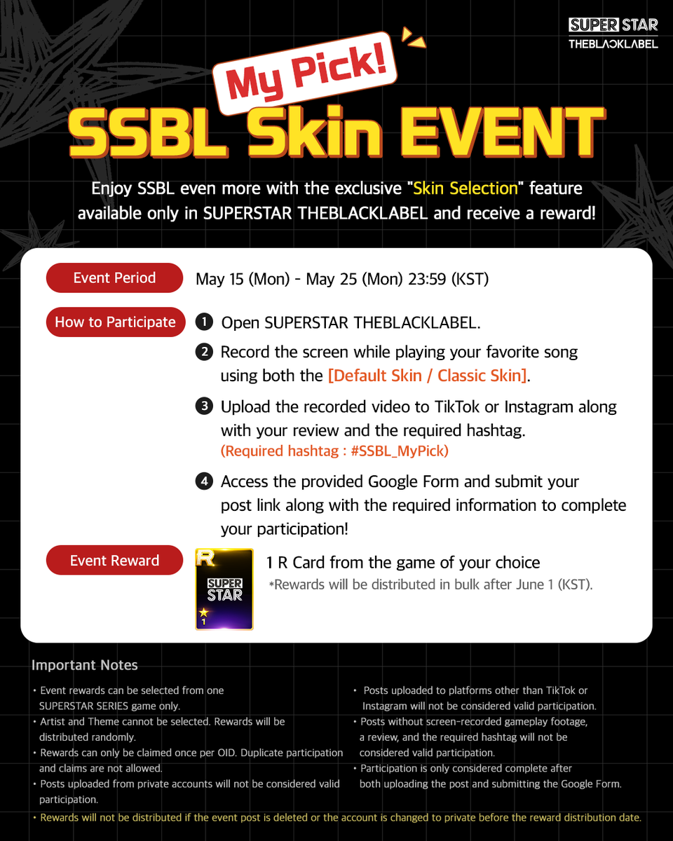 SuperStar_TBL's tweet photo. [📢]

#SSBL My Pick! Skin EVENT

#슈스더블랙 에만 있는 스킨 선택 기능으로
더 신나게 즐겨주는 모든 분들께 보상을 드립니다🎁 

📅 5/15(월) - 5/25(월) 23:59(KST) 까지  
🔗 https://t.co/BfG6IIpAAa 

상세 내용은 이미지를 확인해 주세요!

#SUPERSTAR_THEBLACKLABEL #슈퍼스타더블랙레이블 https://t.co/5wa1NA6cSs