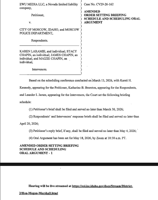 SarahDIrish's tweet photo. EWU Media LLC v. City Of Moscow Idaho, and Moscow Police Department.

Oral Argument Hearing⚖️

May 18, 2026, at 10:30.a.m. PT.

Hearing will be live streamed at https://t.co/R7l3FejiKc

You may need VPN to access the court live stream
#EWUMedia
#MoscowID 
#PublicRecords 
#BryanKohberger
#Timezones🌐