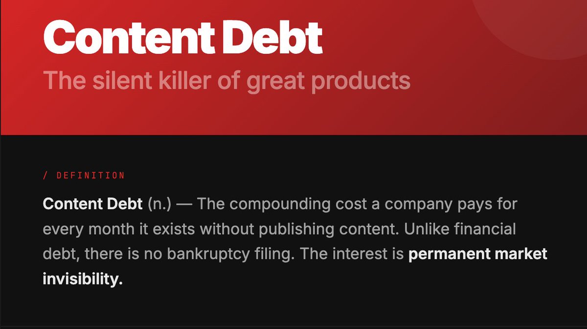 abh1shh's tweet photo. there's a concept in engineering called technical debt.

there's no name for the content version.
so i'm naming it: content debt.

every month a tech company exists without publishing content,

the debt compounds.

your competitor posted 200 reels while you
were "perfecting the product."

now they own the narrative.
now they rank for your keywords.
now customers think THEY invented the category.

and you're starting from zero with a better product
that nobody's heard of.

content debt is harder to pay off than technical debt.

at least with tech debt you can refactor.

with content debt, the audience already belongs
to someone else.