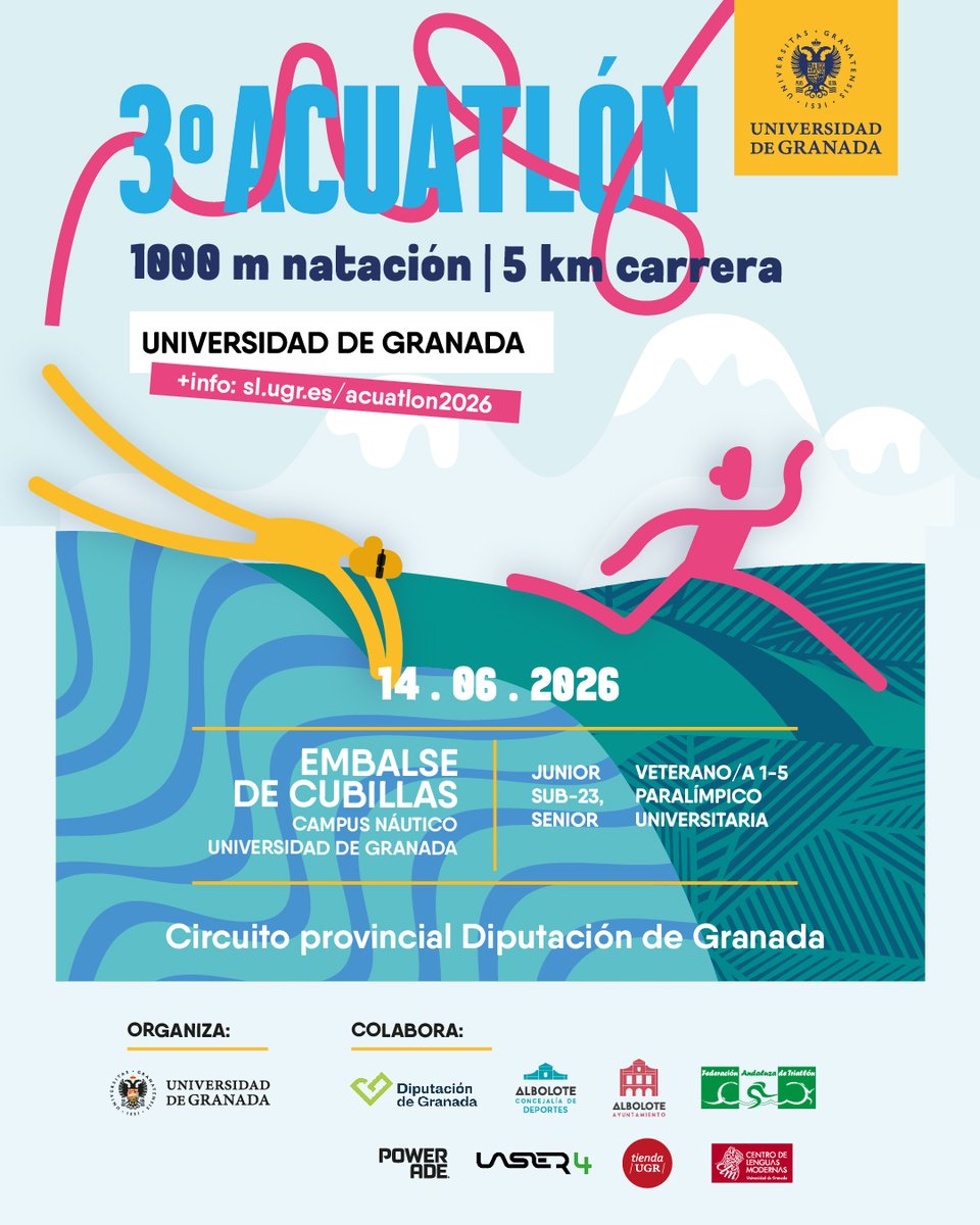 DeportesUGR's tweet photo. ¡Inscríbete Hoy! 🌊

Llega el 3º Acuatlón Universidad de Granada el próximo 14 de junio de 2026. 🏃‍♂️ Una prueba perfecta para disfrutar del deporte universitario combinando 1000 metros de natación y 5 km de carrera a pie. ¡Vive el reto y siente la energía UGR! 💪 https://t.co/bfChA6cTBy