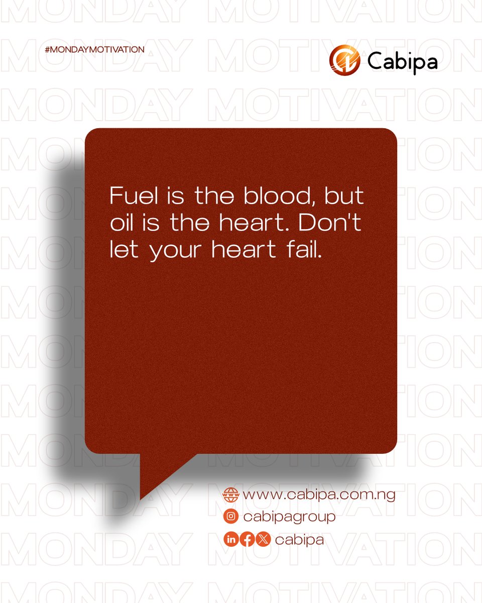 Cabipa's tweet photo. Fuel keeps it moving, but oil keeps it alive. 🛢️
Don’t neglect the heart of your engine—because once it fails, everything stops.

#EngineCare #OilChange #CarMaintenance #AutoTips #VehicleHealth #PreventiveMaintenance #DriveSmart #AutoCare #CarOwners #StaySafeOnRoad https://t.co/qaZCc66e5G