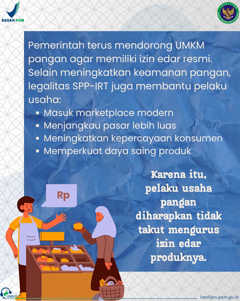 intelijenbpom's tweet photo. Bukan sekadar deretan angka di label, SPP-IRT adalah bukti kalau produk rumahanmu sudah memenuhi standar keamanan pangan. Mulai dari keripik sampai sambal botol, pastikan bisnismu punya "paspor" untuk terbang lebih jauh ke pasar yang lebih luas! https://t.co/L3jx7c2Emt