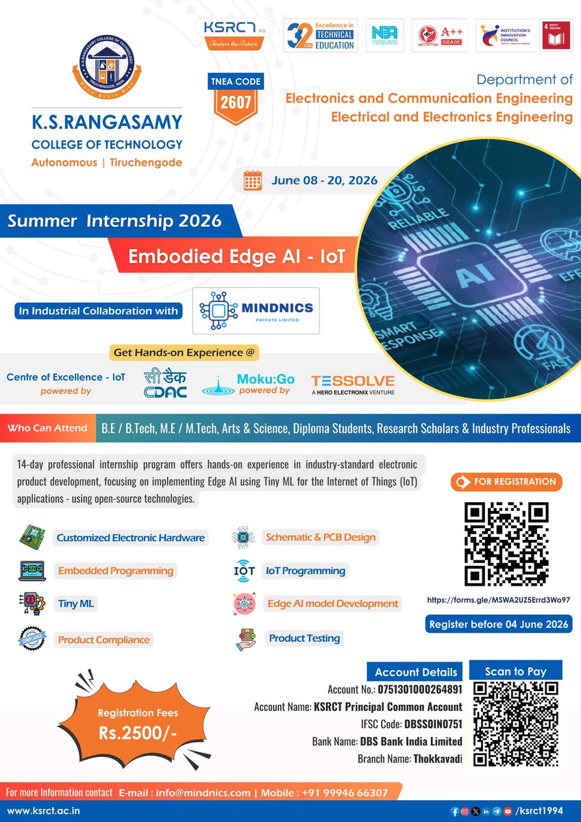 ksrct1994's tweet photo. Mindnics Private Limited, proudly organize an Intensive Internship focused on Industry-Oriented Embedded AI technologies from June 08 – 20, 2026.

Register Now: https://t.co/AQo96rhrX8

#ksrct1994 #ksr #ksrei #ECE #EEE #EmbeddedAI #SummerInternship2026 #HandsOnTraining https://t.co/W1N9QtARDm