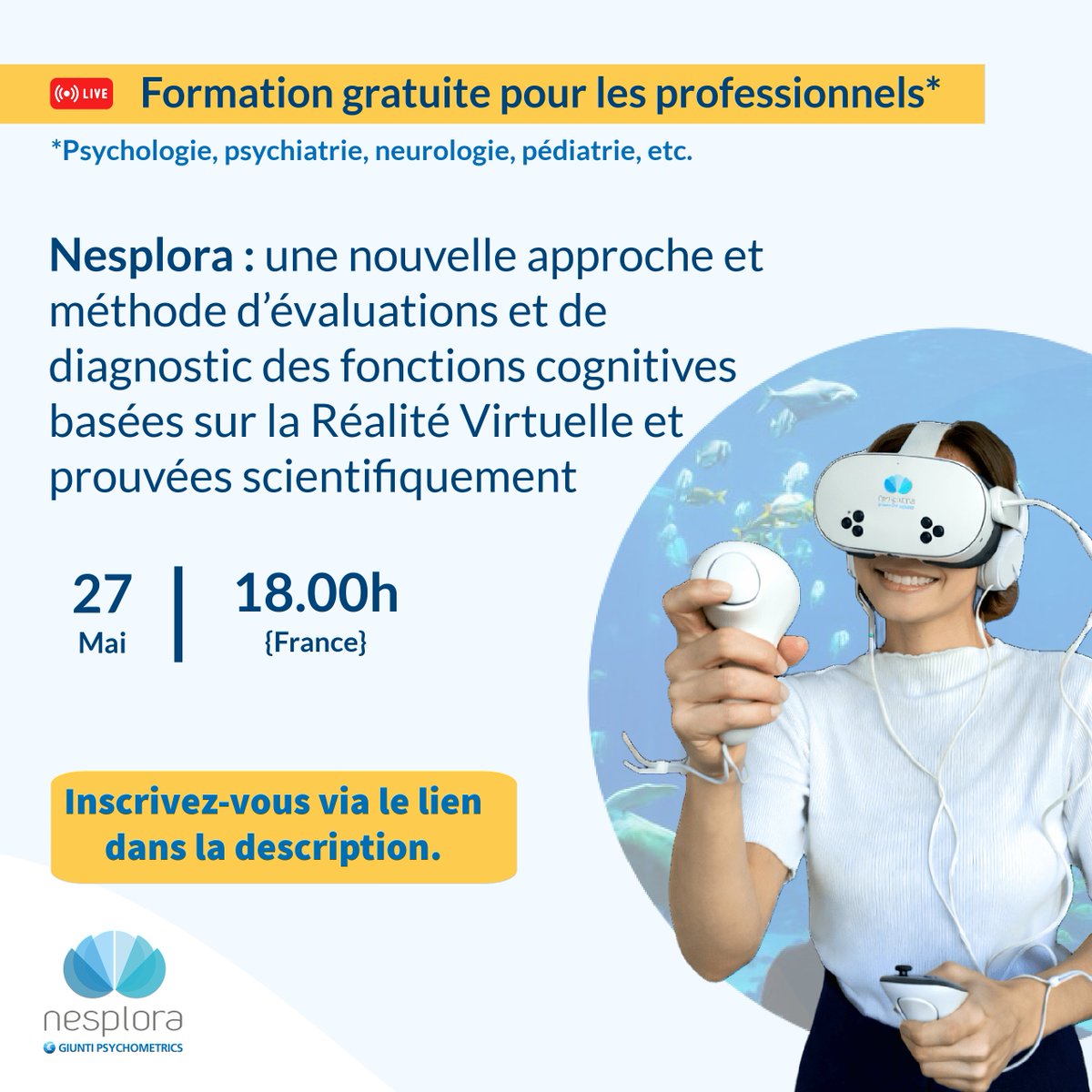 Nesplora's tweet photo. Hey France!🇫🇷

We're here!🙋‍♀️

🔵 Webinaire destiné aux professionnels de la santé mentale souhaitant innover dans leur pratique et découvrir les dernières avancées en neurosciences. https://t.co/aRoOh7XFP7