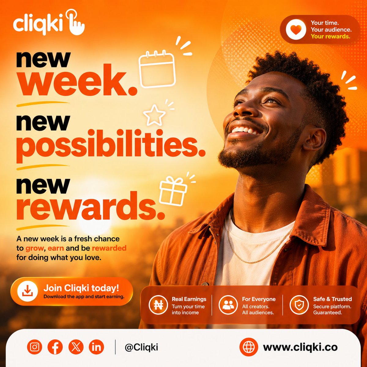 cliqki's tweet photo. It's a new week... with new possibilities for new rewards. So smile... look into the sunlight (or your Cliqki newsfeed in this case 😁) and embrace the earnings that are sure to come your way.
Have a rewarding week.

#Cliqki #newweek #mondaymotivation💪 #earn https://t.co/JQr7N3PshN