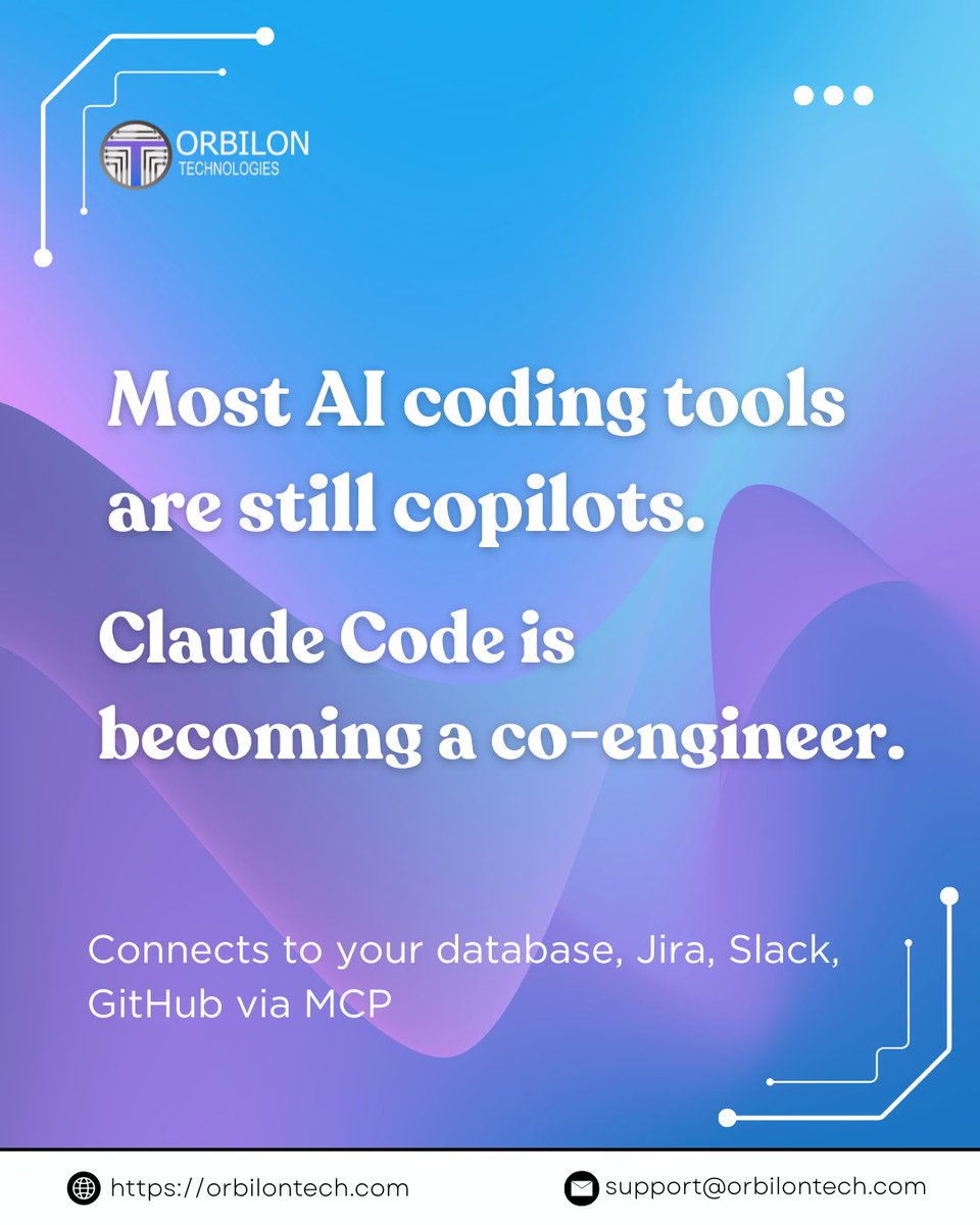 orbilontech1's tweet photo. Most AI coding tools are still copilots. Claude Code is becoming a co-engineer.

#ClaudeCode #AIEngineering #SoftwareDevelopment #AIDevelopment #DevTools #AutomationAI #EngineeringLeadership #FutureOfWork #AgenticAI #CodeReview #SoftwareEngineering #OrbiloTechnologies https://t.co/0jbmLadyie