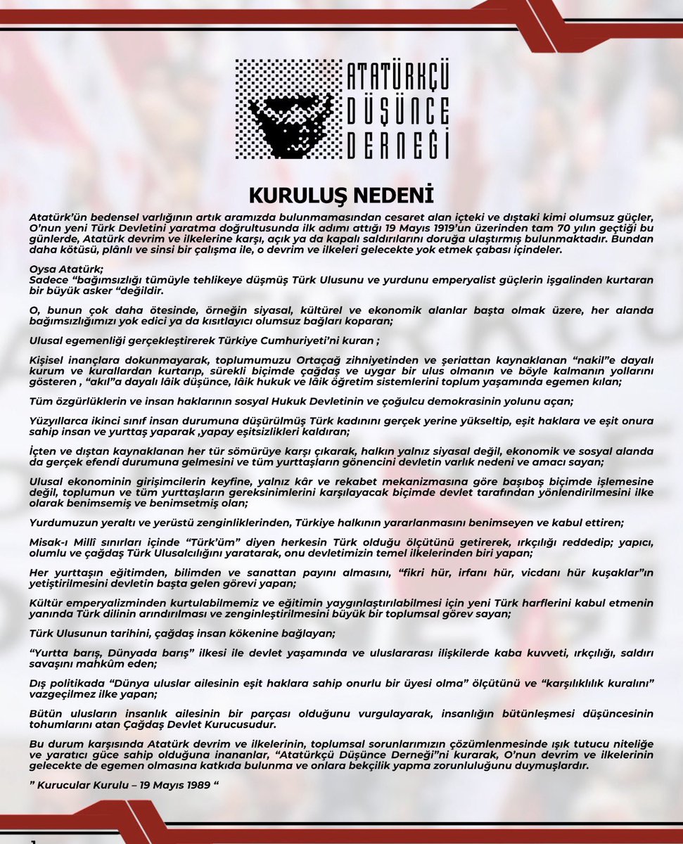 HsnBozkurt's tweet photo. Atatürkçü Düşünce Derneği 37 yaşında.

Ülkenin gidişatına bakıp bugünleri gören Ak Saçlı Bilgemiz Prof. Dr. Muammer Aksoy ve 49 Cumhuriyet Aydını tarafından Atatürk ilke ve devrimleri ile Laik Cumhuriyeti koruma ve geliştirme bilincini yaygınlaştırıp yükseltmek amacı ile 19 Mayıs 1989 tarihinde kurulan derneğimizin 37. yaşı kutlu olsun.

Kurulduğumuz günün azim ve kararıyla yolumuza devam ediyoruz.

Türkiye Cumhuriyeti ilelebet payidar kalacaktır!

#AtatürkçüDüşünceDerneğiOtuzyediYaşında
#AtatürkteBirleşmeZamanı
#YenidenAtatürkCumhuriyeti
@add_genelmerkez