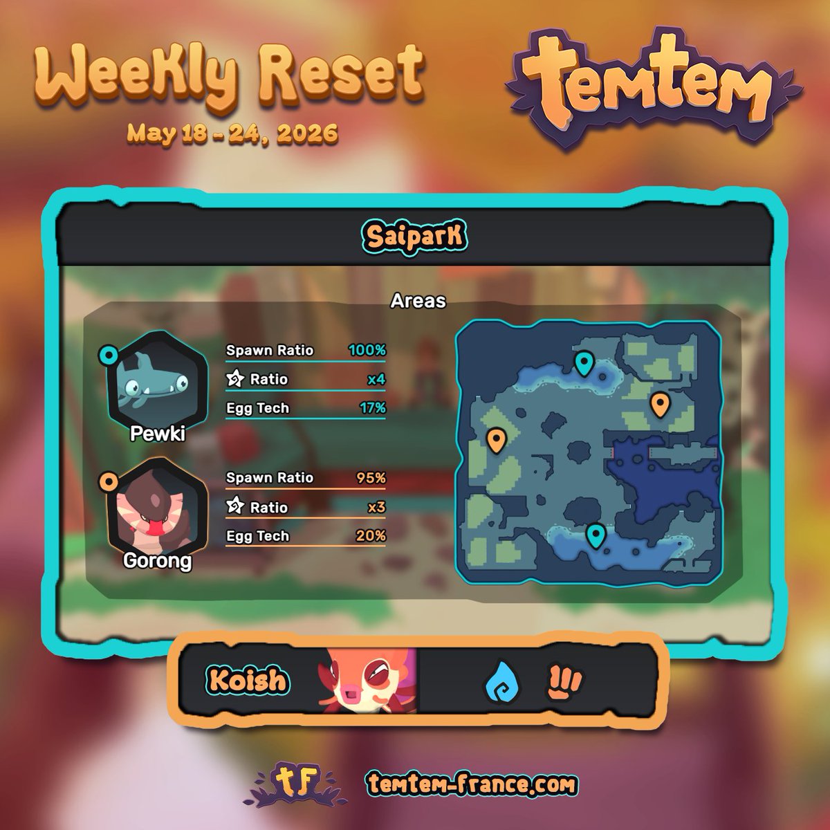 TemtemFrance's tweet photo. Cette semaine sur Temtem 🦈🦍 Configuration du 18 mai jusqu'au 24 mai 2026.
-
This week in Temtem 🦈🦍 This configuration will run from May 18th to May 24th, 2026.

👉 https://t.co/HLRMlf2g6I https://t.co/dMAbdnoPlZ