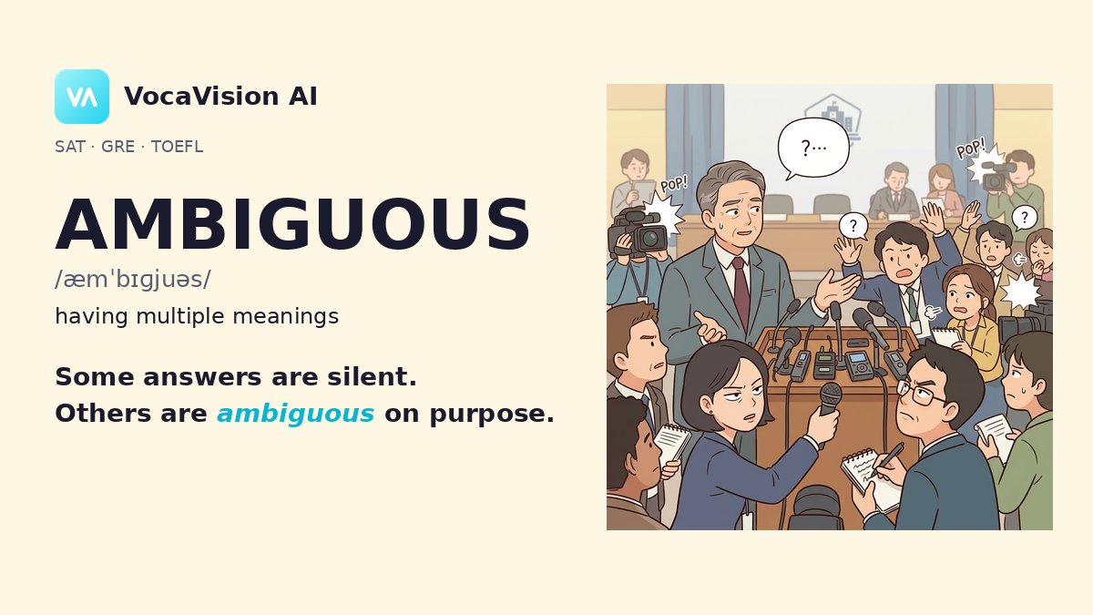 VocavisionAI's tweet photo. Some answers are silent.
Others are ambiguous on purpose.

AMBIGUOUS = driving both ways
Latin: ambi (both) + agere (drive)

Same root: ambivalent, ambidextrous, ambition.

19,000+ words → https://t.co/7SWs8TxZ4W

#vocab #etymology #SATvocab https://t.co/Uex3eKA3cl