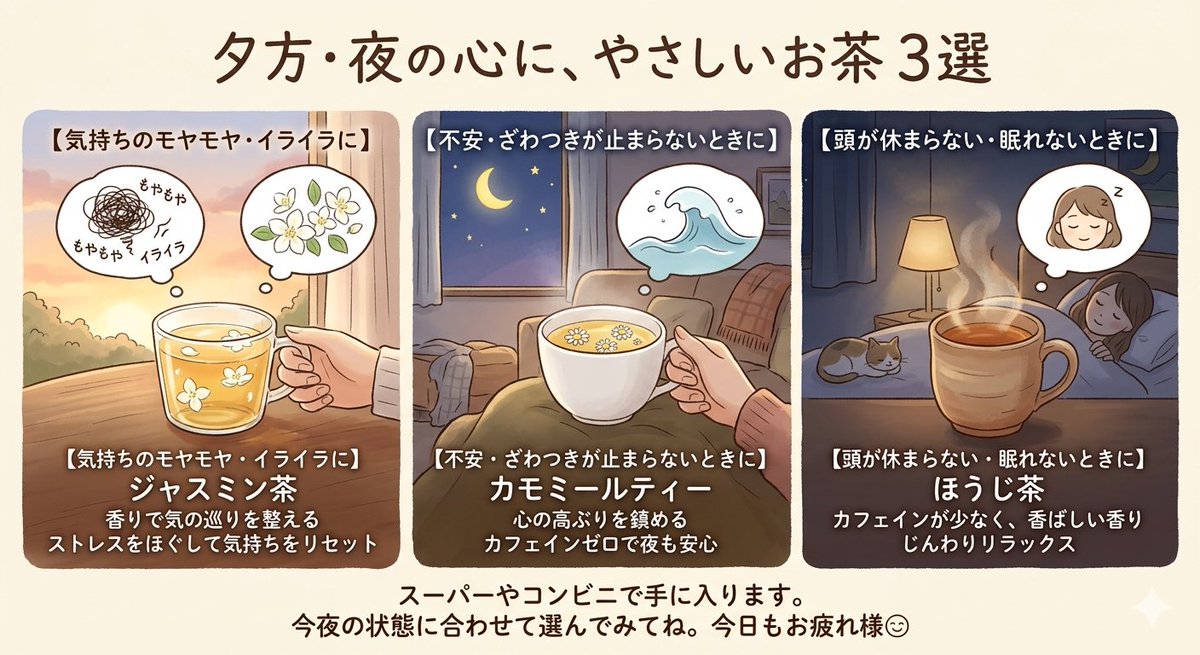 夕方から夜、疲れたメンタルを癒すお茶を用途別に3つ紹介するね