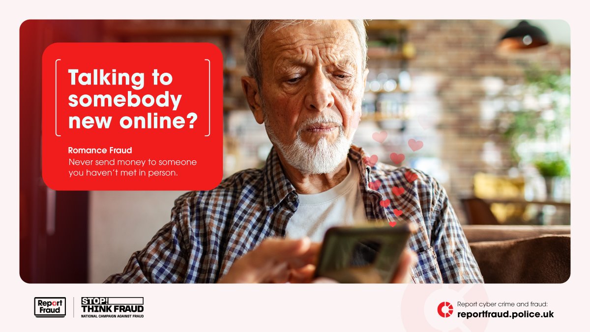 tsecrime's tweet photo. RT @reportfraudUK: Someone caught your eye on a dating site? Never send money to someone you haven't met in person.  Romance scammers stole over £102M last year.  #RomanceFraud See - https://t.co/vLEuP59cs4 #RomanceFraud https://t.co/3TETpd2US6