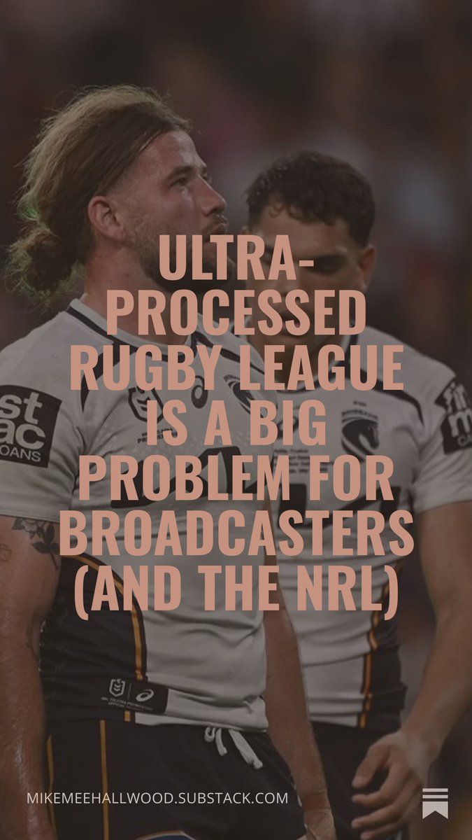MikeMeehallWood's tweet photo. The NRL announced record ratings again - but how many tune in, then switch off?

They don't talk about that. You can bet the broadcasters will.

It's ultra-processed rugby league - and everyone knows that's bad for you.

https://t.co/mI4ZyCu4tT https://t.co/m0xMYXrHIf