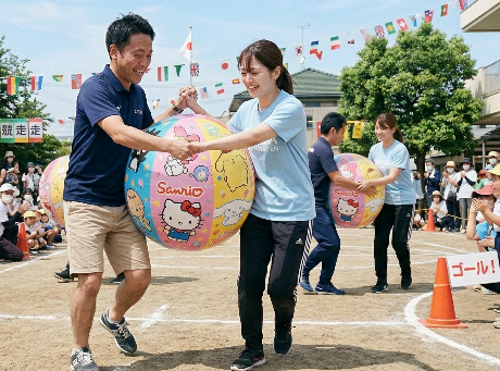 bbf_man's tweet photo. AIで作った架空の幼稚園の運動会でビーチボールを使った���目が登場です。PTAによる「ラブラブ、ビーチボール運び競争」では、幼稚園の若い女性の先生と園児のお父さんがペアになり、大きなビーチボールを体に挟んで運ぶ競争です。 https://t.co/krKKxYkaor