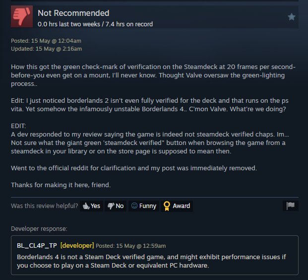 TheCanadianist's tweet photo. Holy shit, I went to look at the reviews of #Borderlands4 and Gearbox's gaslighting of players is hitting insane levels now. It's not even _good_ gaslighting, they could have tried to blame it on Steam, but they tried to lie about the front page of their game! https://t.co/p4ix3SakZ3