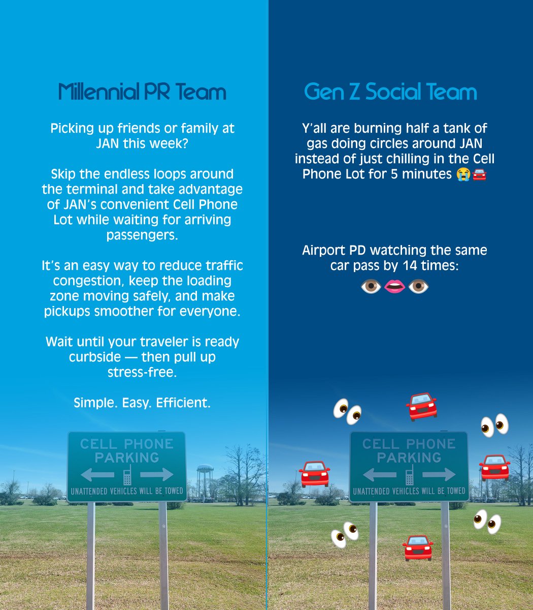 JacksonAirports's tweet photo. JAN Millennial PR Team vs Gen Z Social Team: Part 1
Choose peace. Choose the Cell Phone Lot. 😌🚘 https://t.co/7lTp5SZdXS