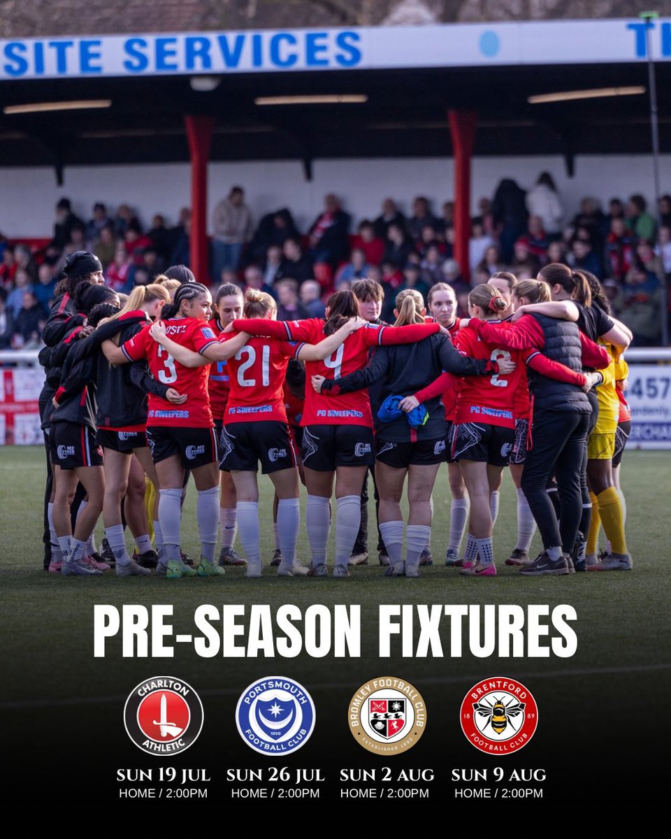 ChathamTownWFC's tweet photo. Pre-season confirmed 📅

Our opening four pre-season fixtures are locked in as preparations begin for the new campaign ⚽️

📩 Any teams with availability for a midweek fixture in Jul and Aug email: Ctwsecretary@chathamtownfc.com

See you at The Bauvill Stadium 👊

🔴⚪️⚫️ https://t.co/cGy3jU1WSh