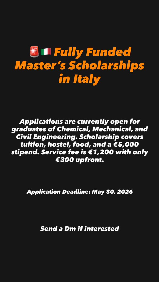 pascalsconnect's tweet photo. Master’s scholarship opportunity in Italy 🇮🇹

Applications close May 30th.

For a faster response, send a WhatsApp message 👇
+91 95862 35455

#thinkpbc #studyabroad #studyinitaly https://t.co/JFG1j7D8W8